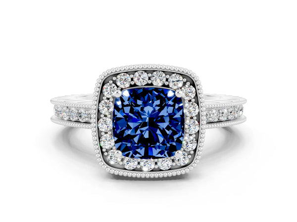 White gold Cushion Cut Halo Diamond Engagement Ring with Milgrain Pave Band and Four-Prong Setting