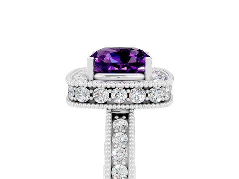 White gold Cushion Cut Halo Diamond Engagement Ring with Milgrain Pave Band and Four-Prong Setting_5