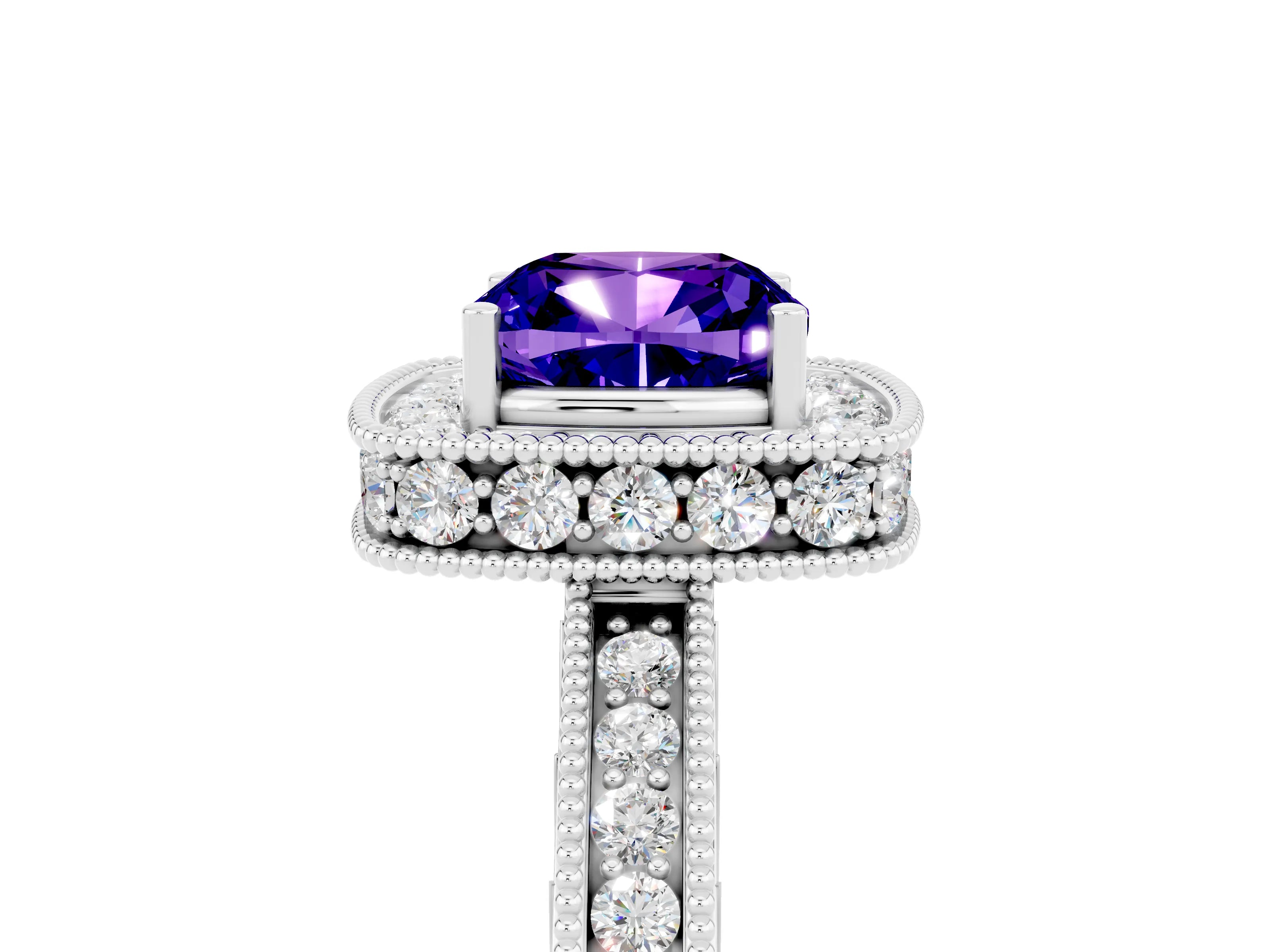 White gold Cushion Cut Halo Diamond Engagement Ring with Milgrain Pave Band and Four-Prong Setting_5