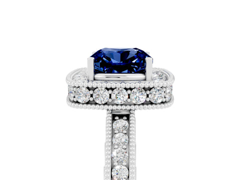 White gold Cushion Cut Halo Diamond Engagement Ring with Milgrain Pave Band and Four-Prong Setting_5