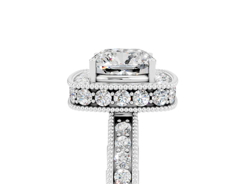 White gold Cushion Cut Halo Diamond Engagement Ring with Milgrain Pave Band and Four-Prong Setting_5