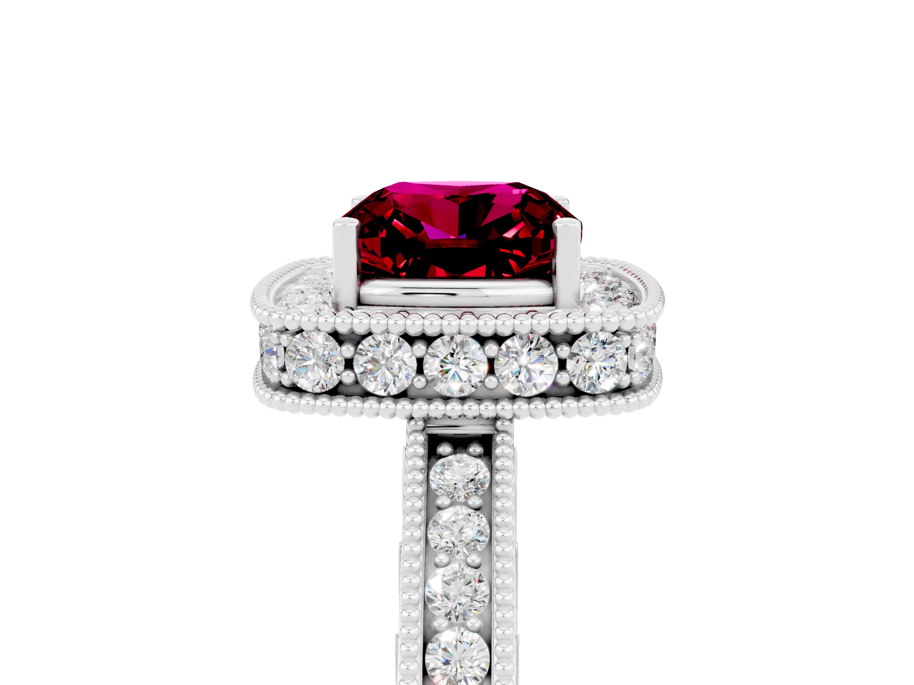 White gold Cushion Cut Halo Diamond Engagement Ring with Milgrain Pave Band and Four-Prong Setting_5