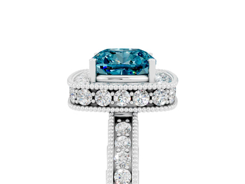 White gold Cushion Cut Halo Diamond Engagement Ring with Milgrain Pave Band and Four-Prong Setting_5