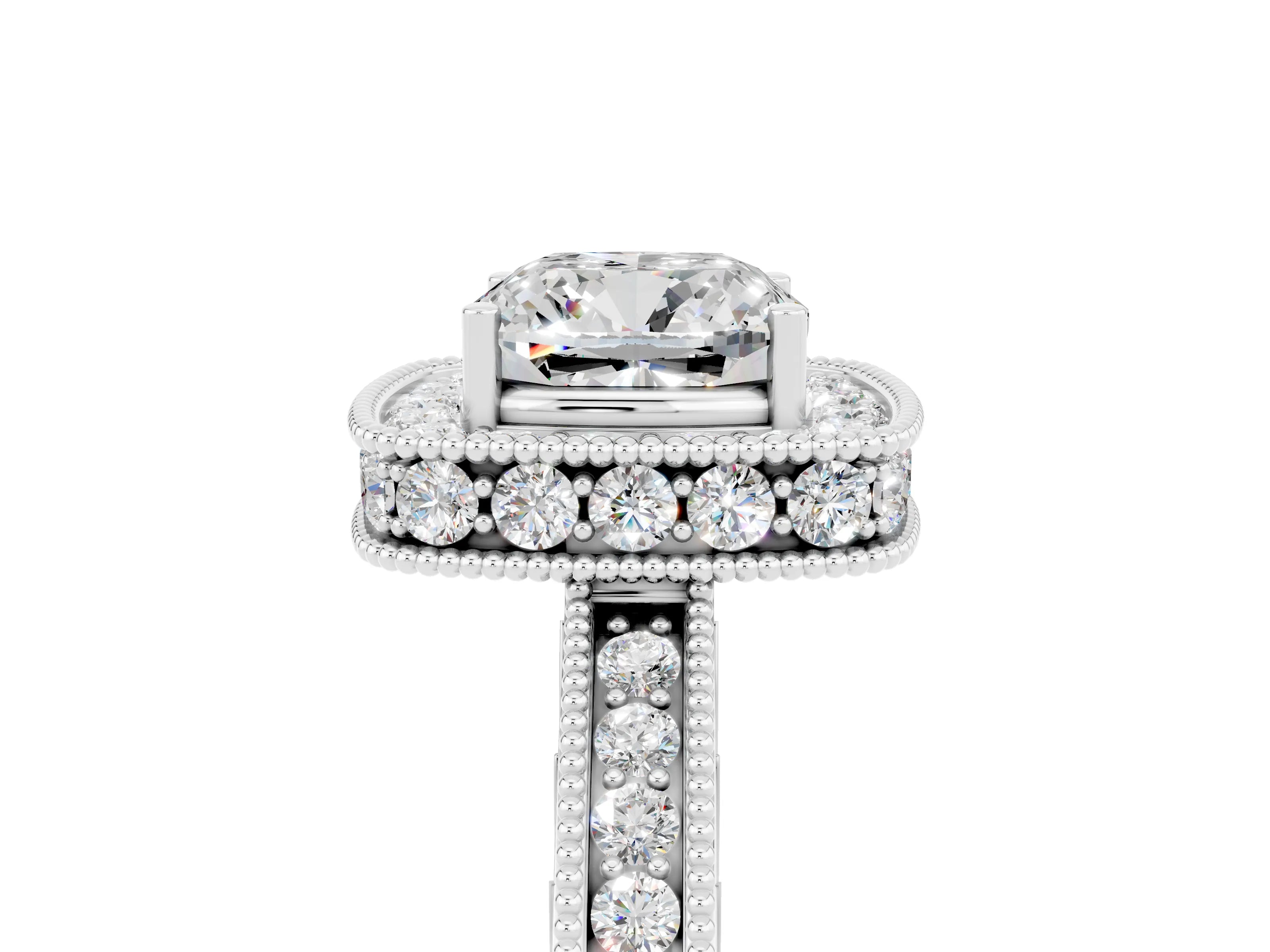 White gold Cushion Cut Halo Diamond Engagement Ring with Milgrain Pave Band and Four-Prong Setting_5