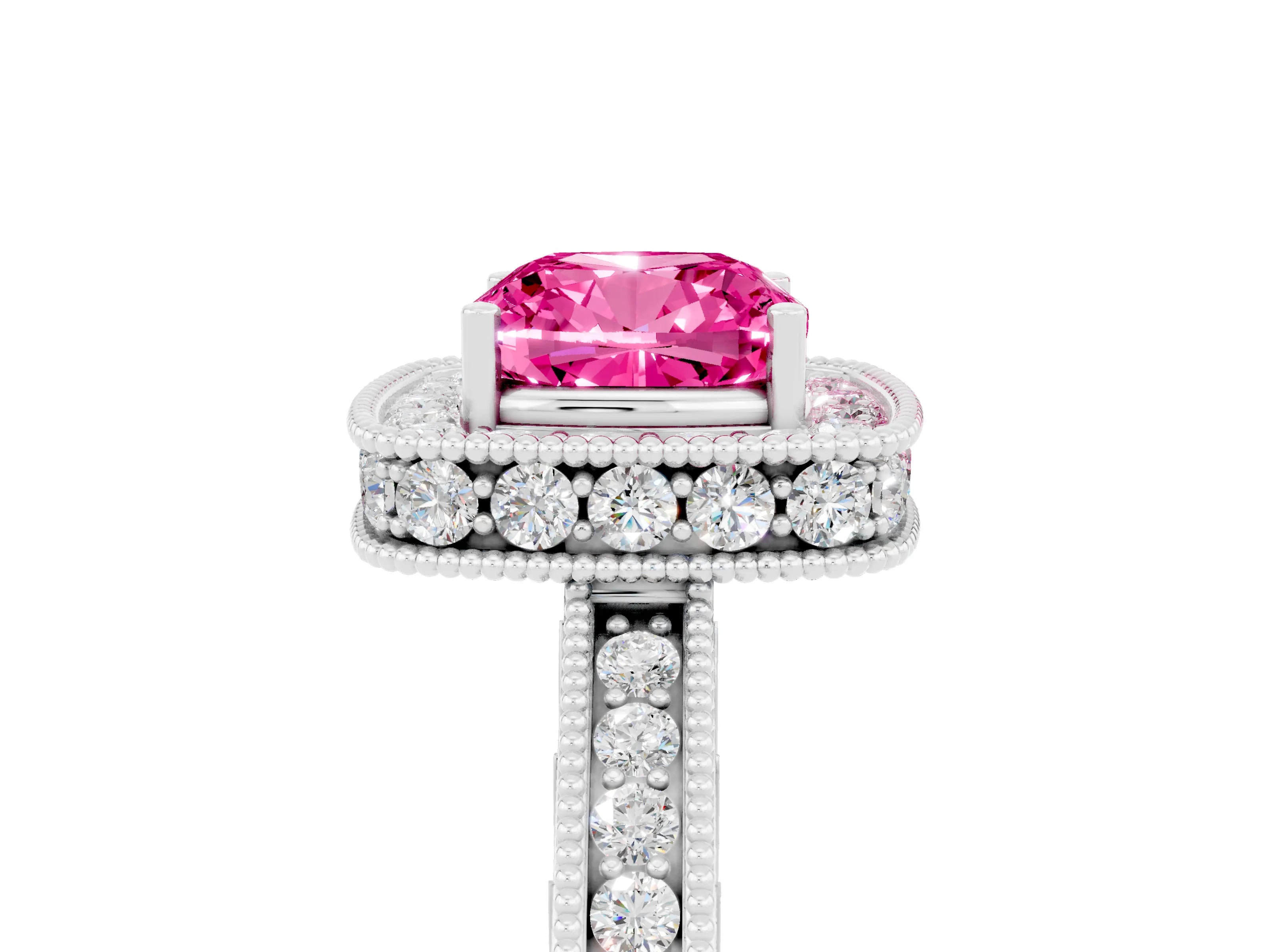 White gold Cushion Cut Halo Diamond Engagement Ring with Milgrain Pave Band and Four-Prong Setting_5
