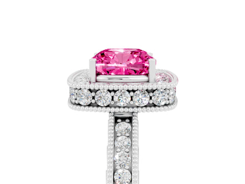 White gold Cushion Cut Halo Diamond Engagement Ring with Milgrain Pave Band and Four-Prong Setting_5