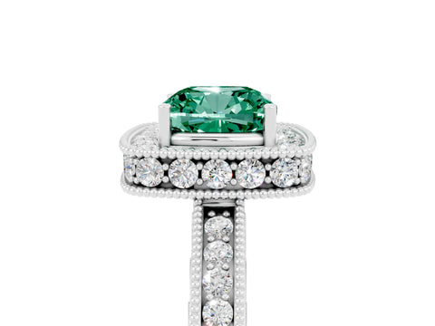 White gold Cushion Cut Halo Diamond Engagement Ring with Milgrain Pave Band and Four-Prong Setting_5