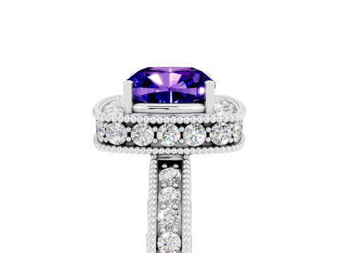 White gold Cushion Cut Halo Diamond Engagement Ring with Milgrain Pave Band and Four-Prong Setting_5