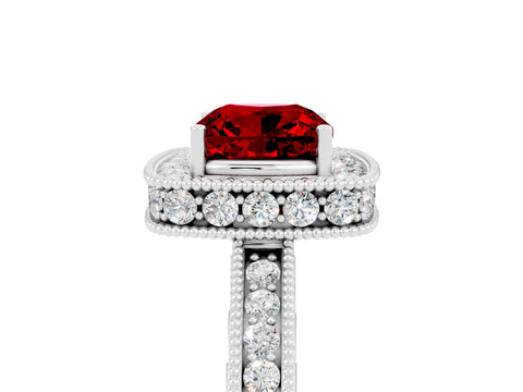White gold Cushion Cut Halo Diamond Engagement Ring with Milgrain Pave Band and Four-Prong Setting_5