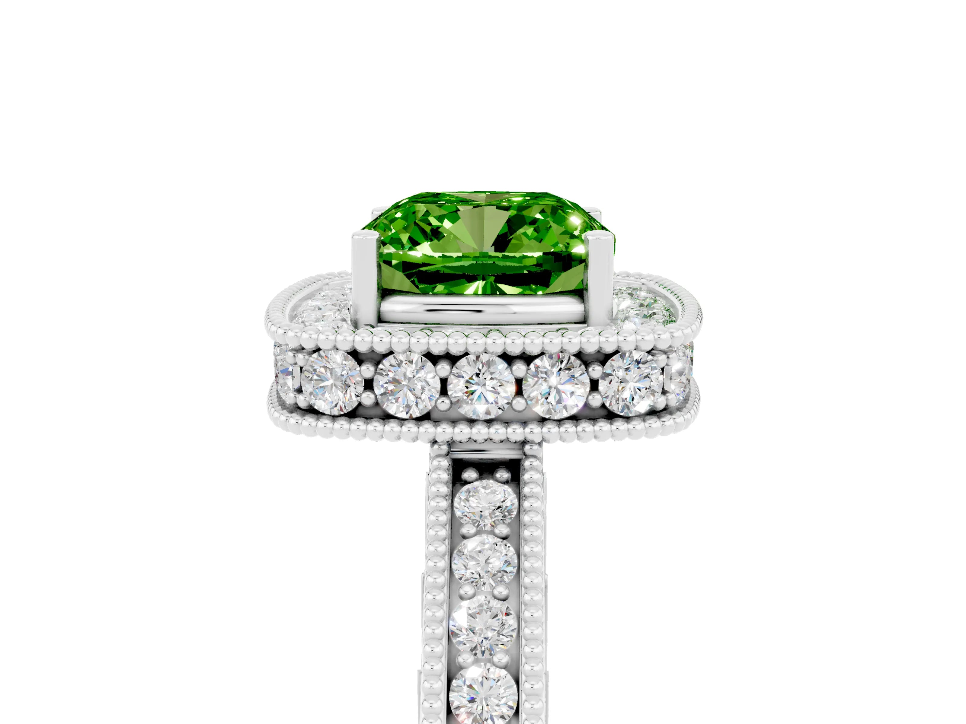 White gold Cushion Cut Halo Diamond Engagement Ring with Milgrain Pave Band and Four-Prong Setting_5