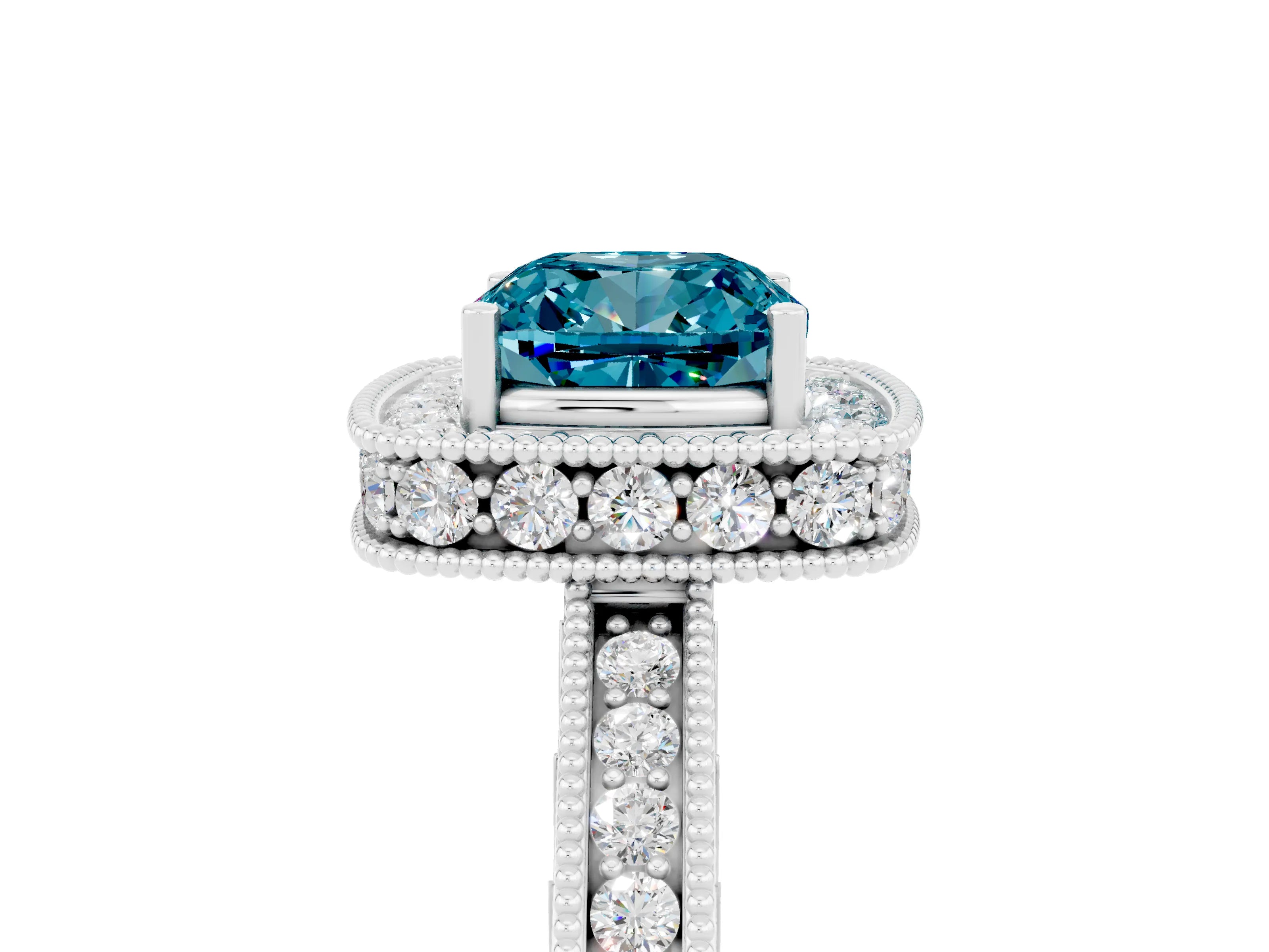 White gold Cushion Cut Halo Diamond Engagement Ring with Milgrain Pave Band and Four-Prong Setting_5