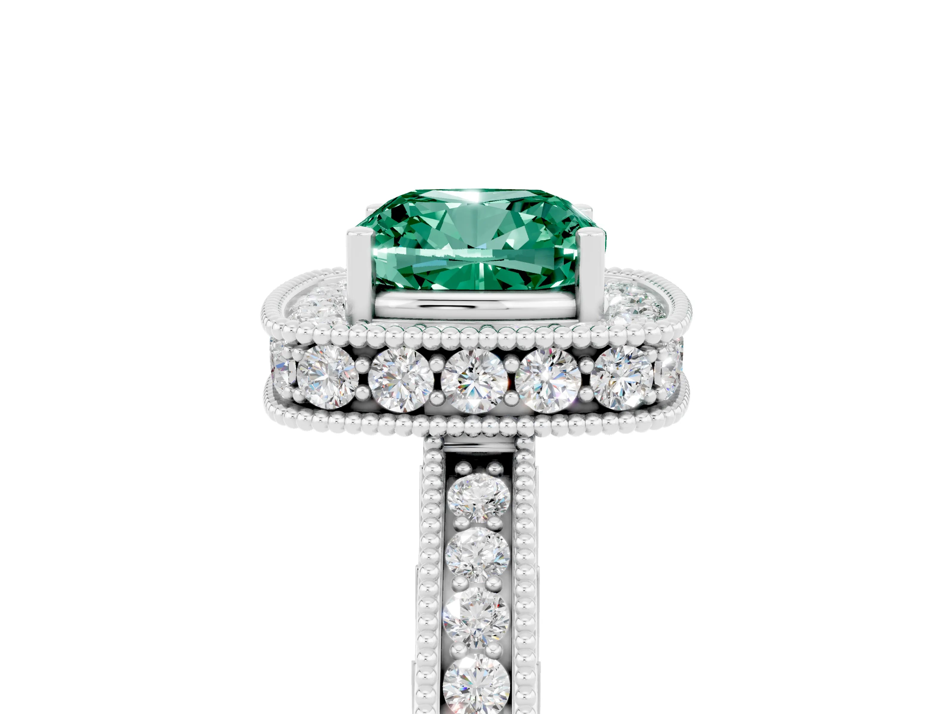 White gold Cushion Cut Halo Diamond Engagement Ring with Milgrain Pave Band and Four-Prong Setting_5