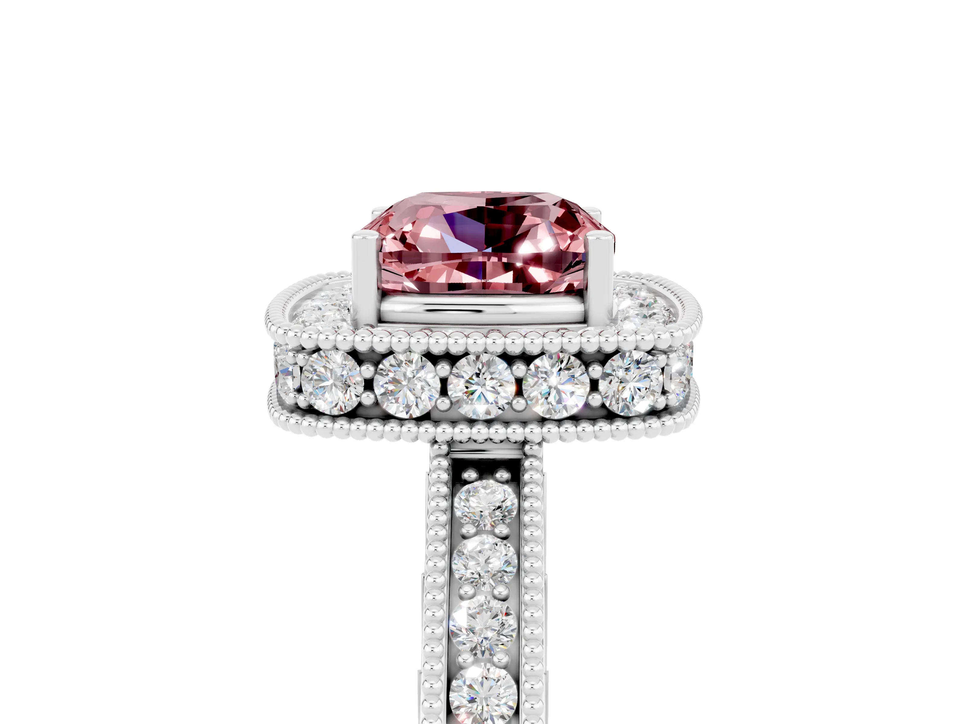 White gold Cushion Cut Halo Diamond Engagement Ring with Milgrain Pave Band and Four-Prong Setting_5
