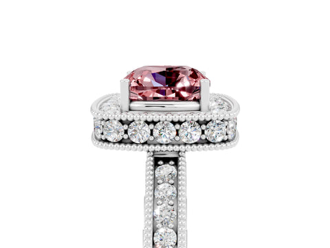 White gold Cushion Cut Halo Diamond Engagement Ring with Milgrain Pave Band and Four-Prong Setting_5