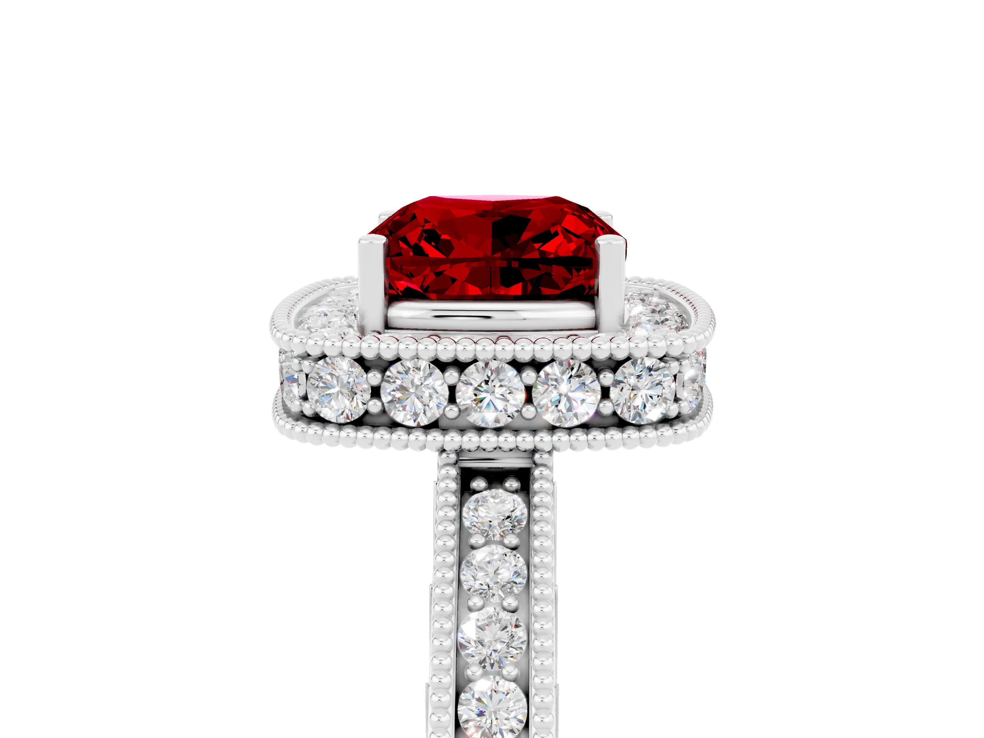 White gold Cushion Cut Halo Diamond Engagement Ring with Milgrain Pave Band and Four-Prong Setting_5
