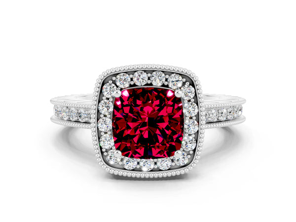 Platinum Cushion Cut Halo Diamond Engagement Ring with Milgrain Pave Band and Four-Prong Setting