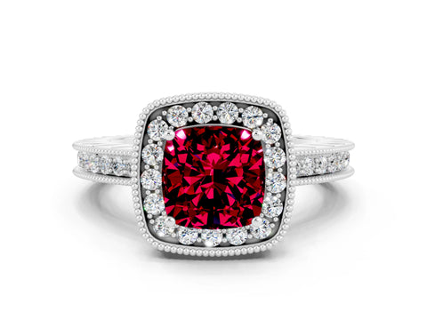 White gold Cushion Cut Halo Diamond Engagement Ring with Milgrain Pave Band and Four-Prong Setting