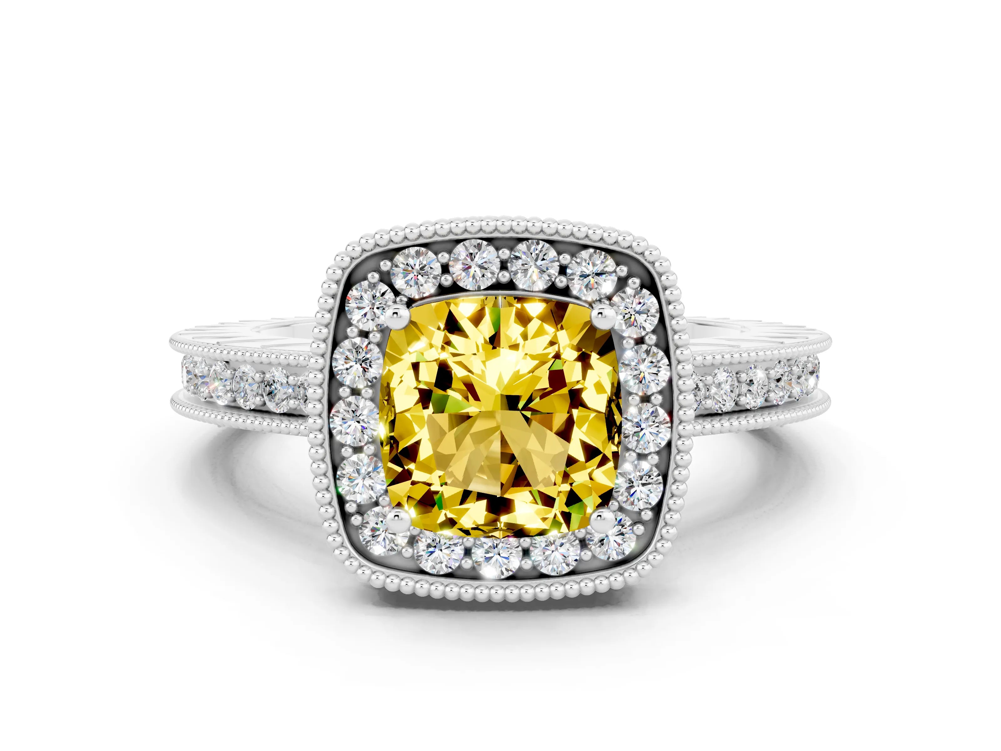 White gold Cushion Cut Halo Diamond Engagement Ring with Milgrain Pave Band and Four-Prong Setting