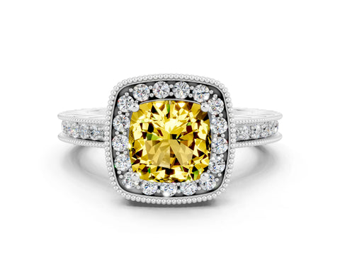 White gold Cushion Cut Halo Diamond Engagement Ring with Milgrain Pave Band and Four-Prong Setting