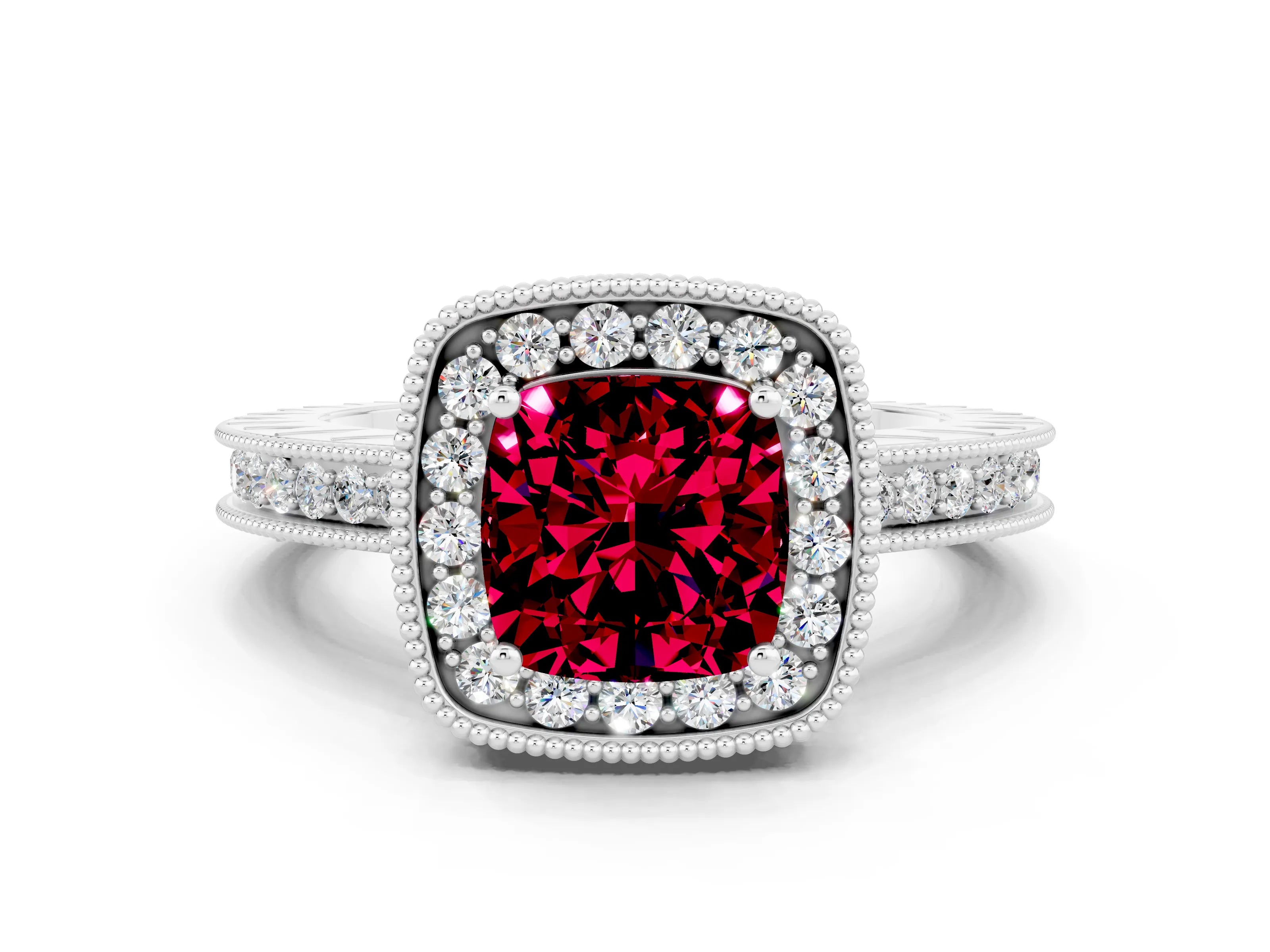White gold Cushion Cut Halo Diamond Engagement Ring with Milgrain Pave Band and Four-Prong Setting