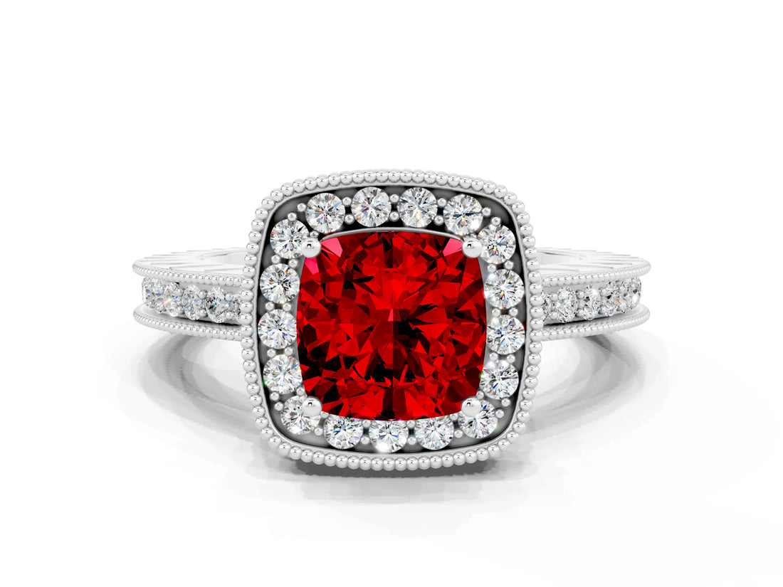 White gold Cushion Cut Halo Diamond Engagement Ring with Milgrain Pave Band and Four-Prong Setting
