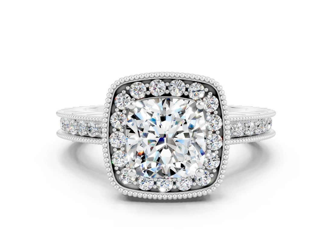 White gold Cushion Cut Halo Diamond Engagement Ring with Milgrain Pave Band and Four-Prong Setting