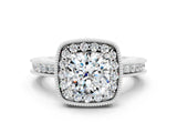 White gold Cushion Cut Halo Diamond Engagement Ring with Milgrain Pave Band and Four-Prong Setting