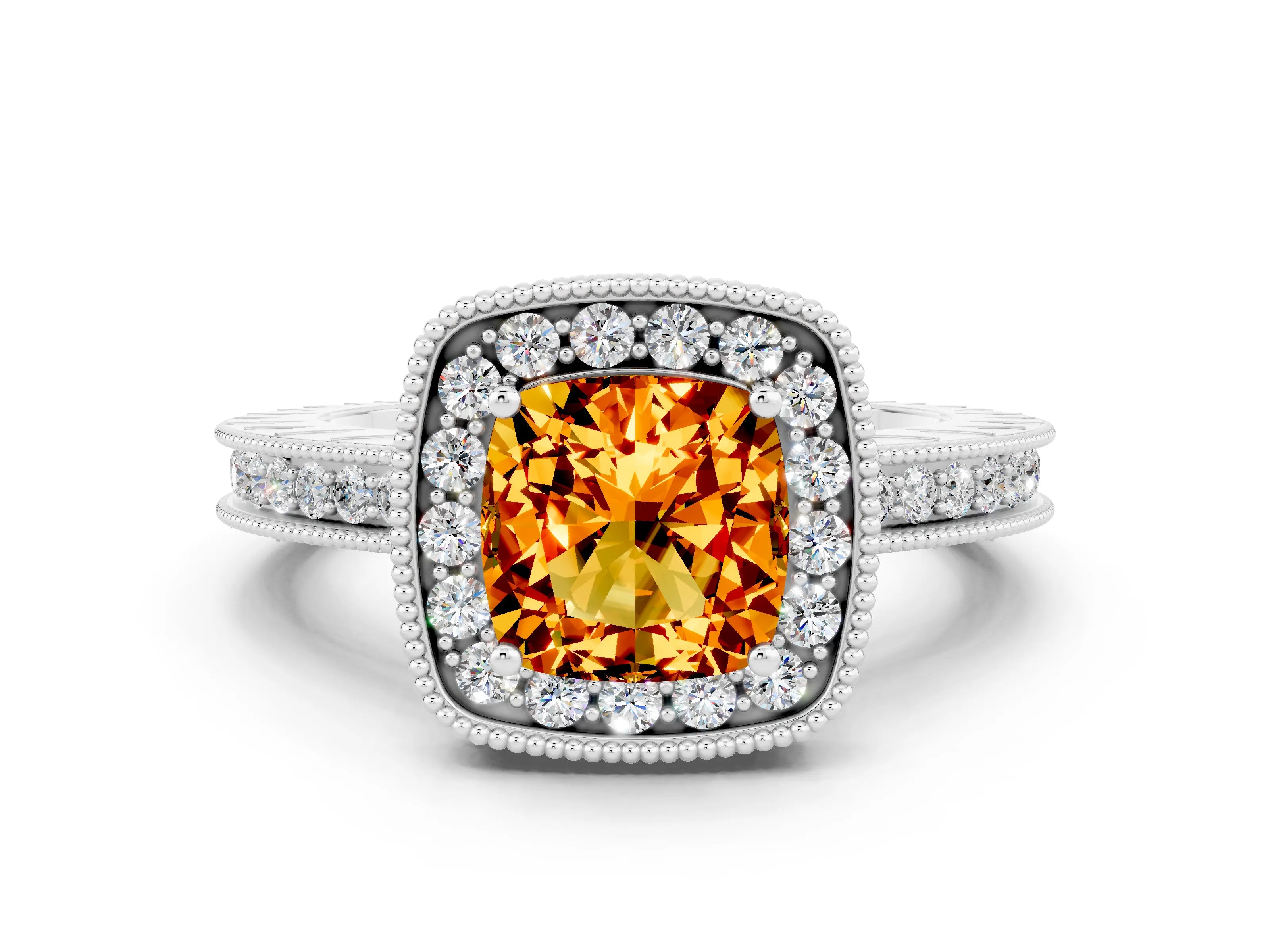 White gold Cushion Cut Halo Diamond Engagement Ring with Milgrain Pave Band and Four-Prong Setting