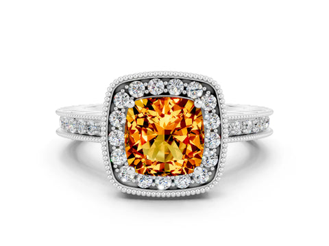 White gold Cushion Cut Halo Diamond Engagement Ring with Milgrain Pave Band and Four-Prong Setting