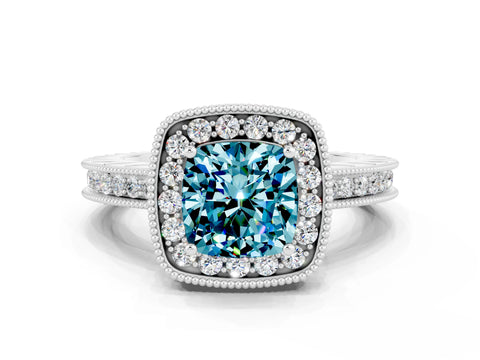 White gold Cushion Cut Halo Diamond Engagement Ring with Milgrain Pave Band and Four-Prong Setting