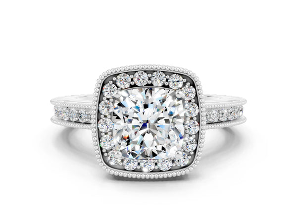 White gold Cushion Cut Halo Diamond Engagement Ring with Milgrain Pave Band and Four-Prong Setting