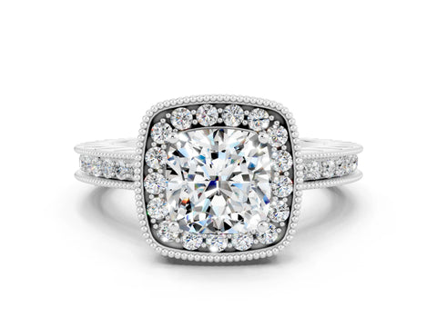 White gold Cushion Cut Halo Diamond Engagement Ring with Milgrain Pave Band and Four-Prong Setting