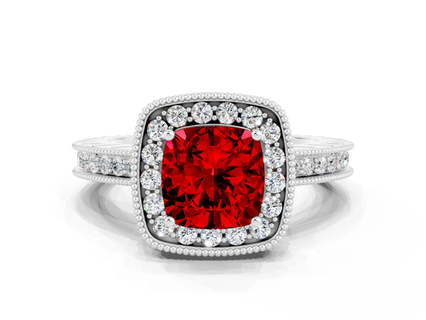 Platinum Cushion Cut Halo Diamond Engagement Ring with Milgrain Pave Band and Four-Prong Setting