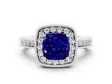 White gold Cushion Cut Halo Diamond Engagement Ring with Milgrain Pave Band and Four-Prong Setting