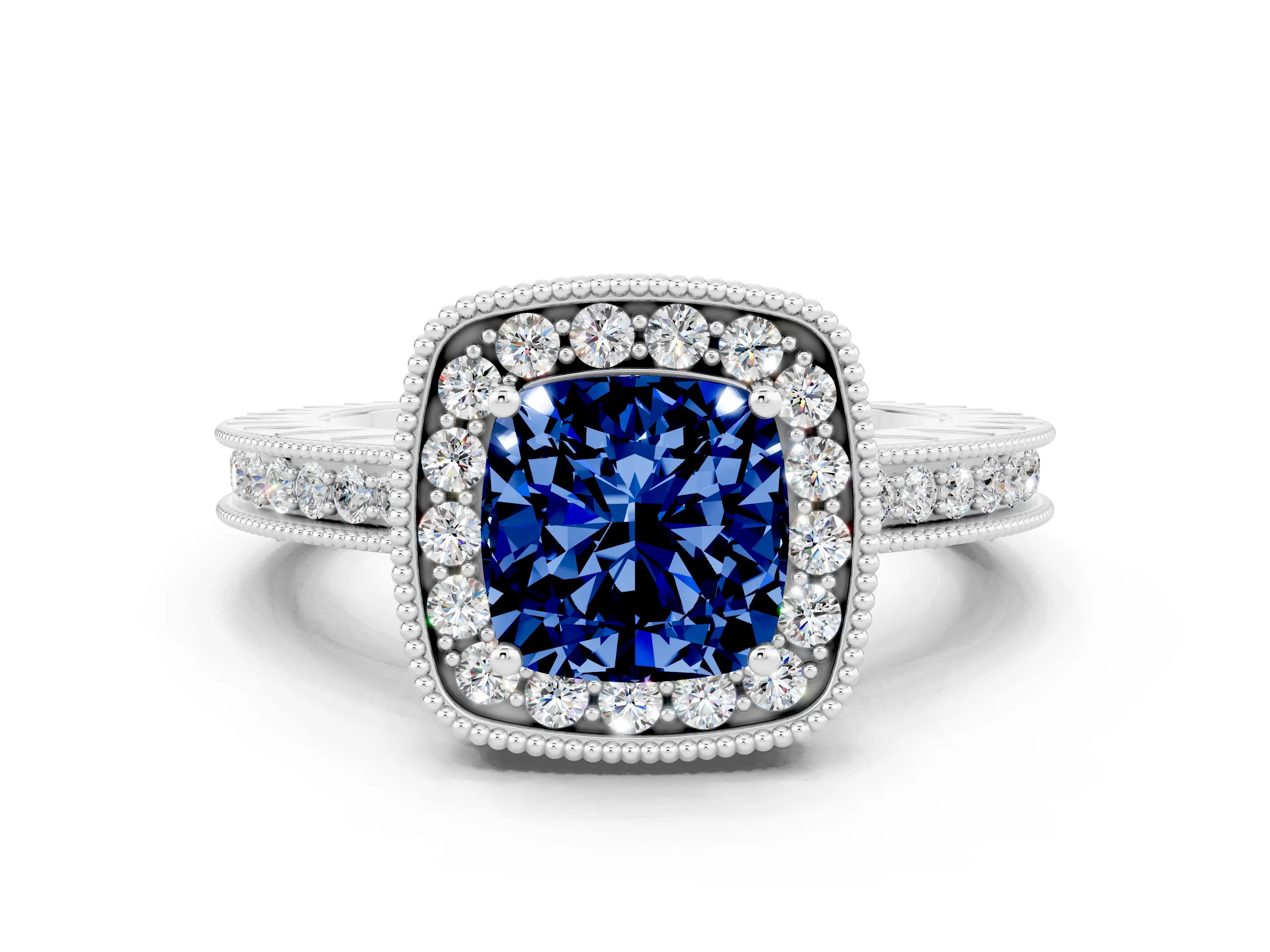 White gold Cushion Cut Halo Diamond Engagement Ring with Milgrain Pave Band and Four-Prong Setting