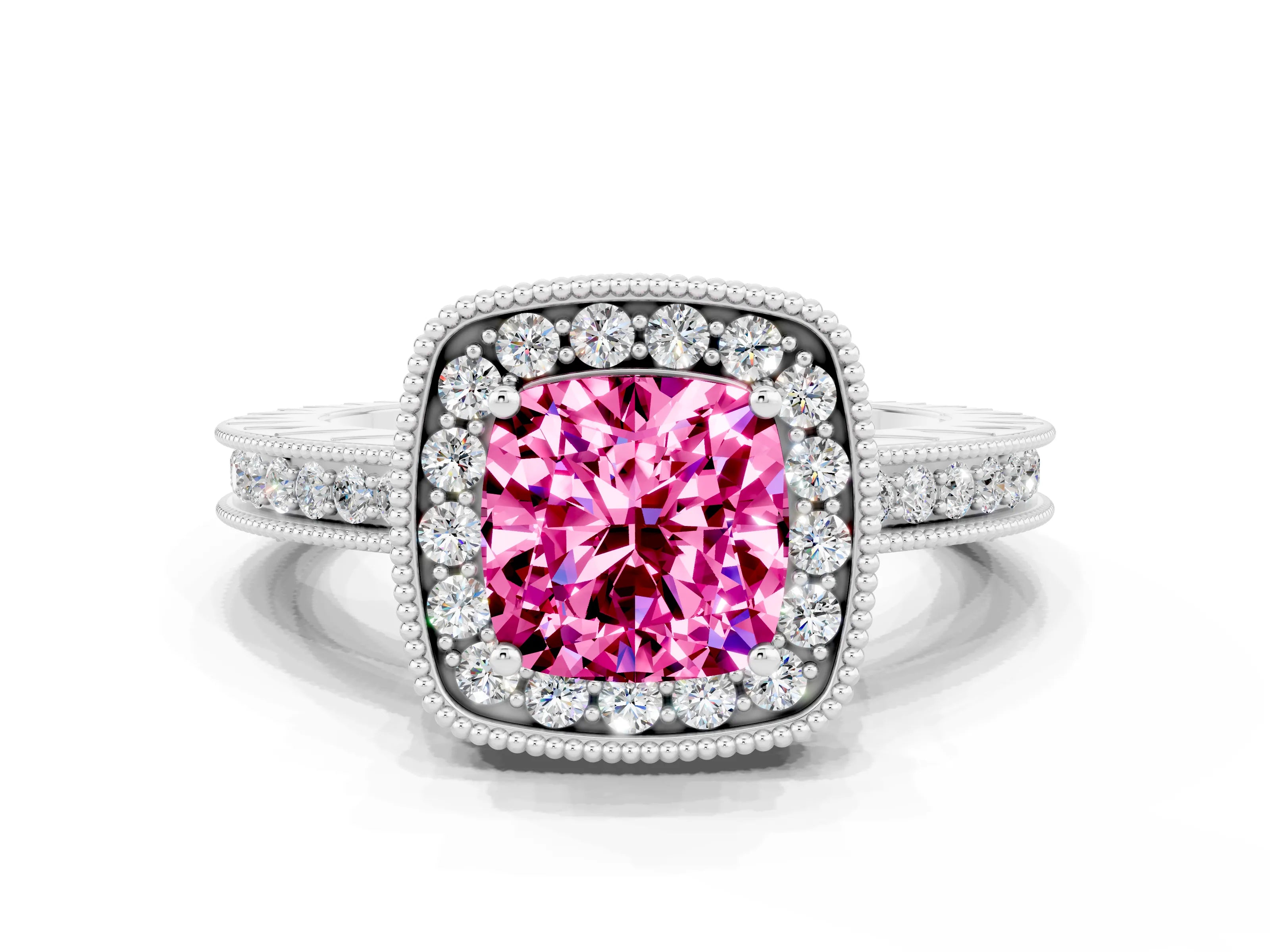 White gold Cushion Cut Halo Diamond Engagement Ring with Milgrain Pave Band and Four-Prong Setting