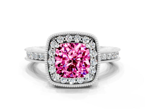 White gold Cushion Cut Halo Diamond Engagement Ring with Milgrain Pave Band and Four-Prong Setting
