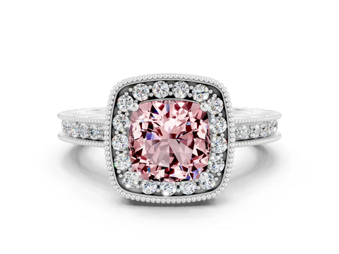 White gold Cushion Cut Halo Diamond Engagement Ring with Milgrain Pave Band and Four-Prong Setting