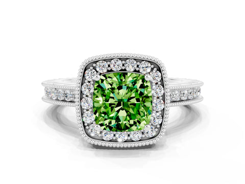 White gold Cushion Cut Halo Diamond Engagement Ring with Milgrain Pave Band and Four-Prong Setting