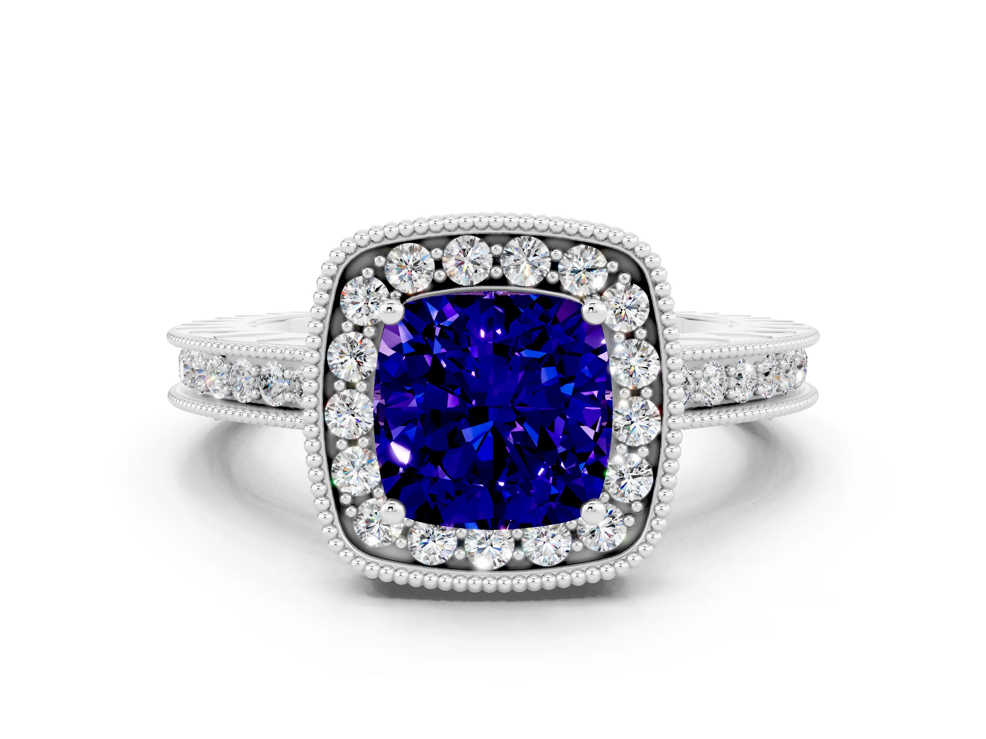 White gold Cushion Cut Halo Diamond Engagement Ring with Milgrain Pave Band and Four-Prong Setting