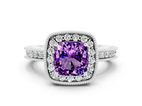 White gold Cushion Cut Halo Diamond Engagement Ring with Milgrain Pave Band and Four-Prong Setting