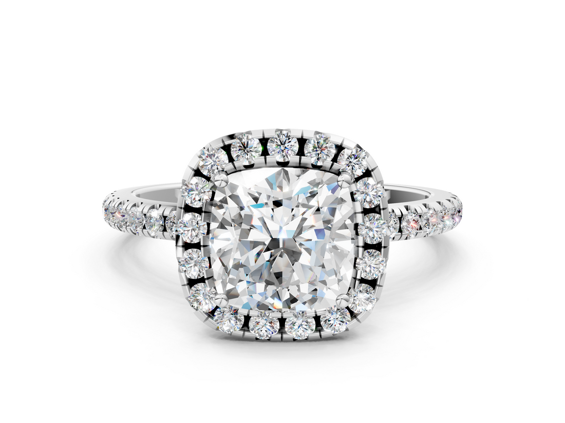 White gold Cushion Cut Halo Diamond Engagement Ring with Pave Band and Four-Prong Setting_42