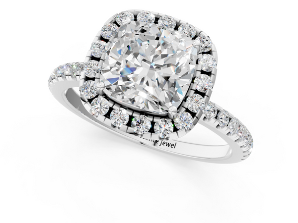 White gold Cushion Cut Diamond Floral Halo Engagement Ring with Pavé Band and Prong Setting