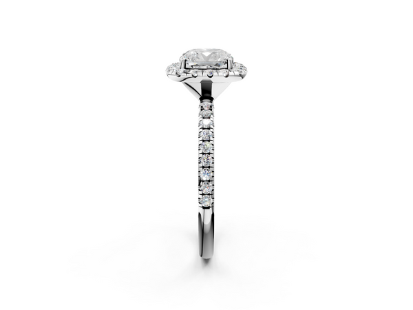 White gold Cushion Cut Diamond Floral Halo Engagement Ring with Pavé Band and Prong Setting