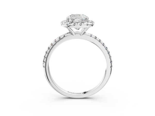 White gold Cushion Cut Diamond Floral Halo Engagement Ring with Pavé Band and Prong Setting