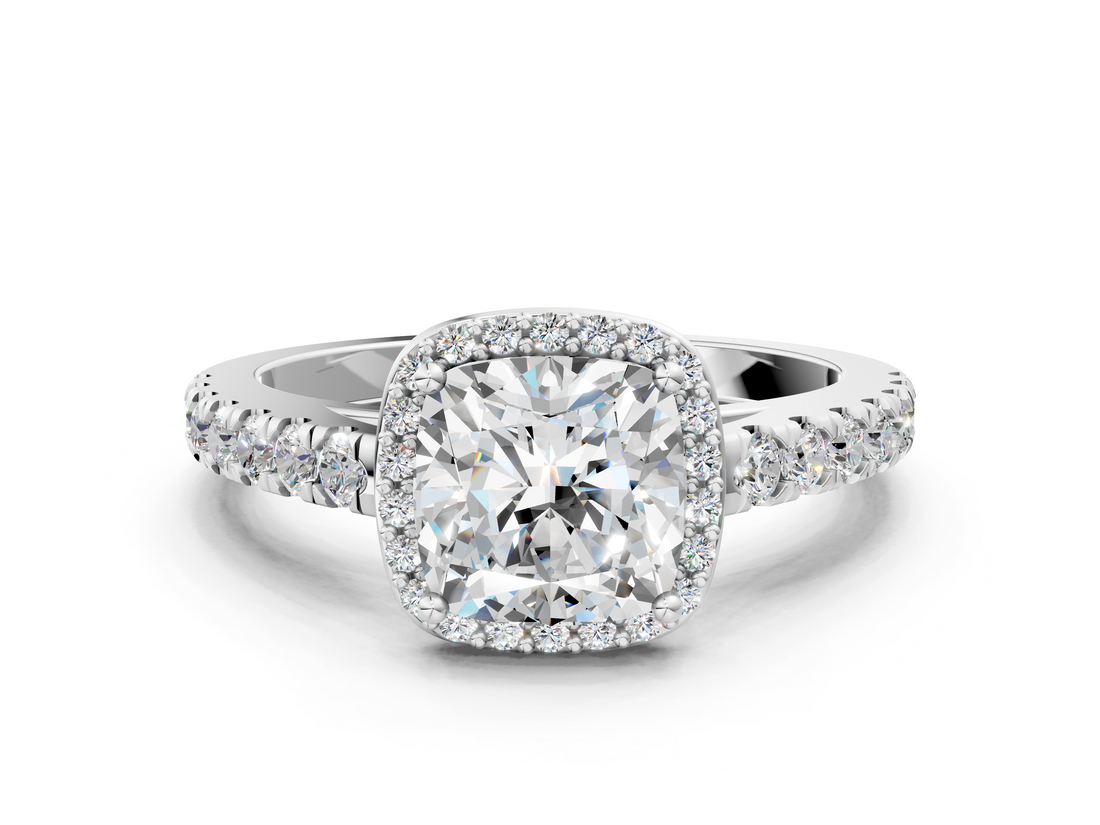White gold Cushion Cut Halo Diamond Engagement Ring with Pave Band and Four-Prong Setting_57