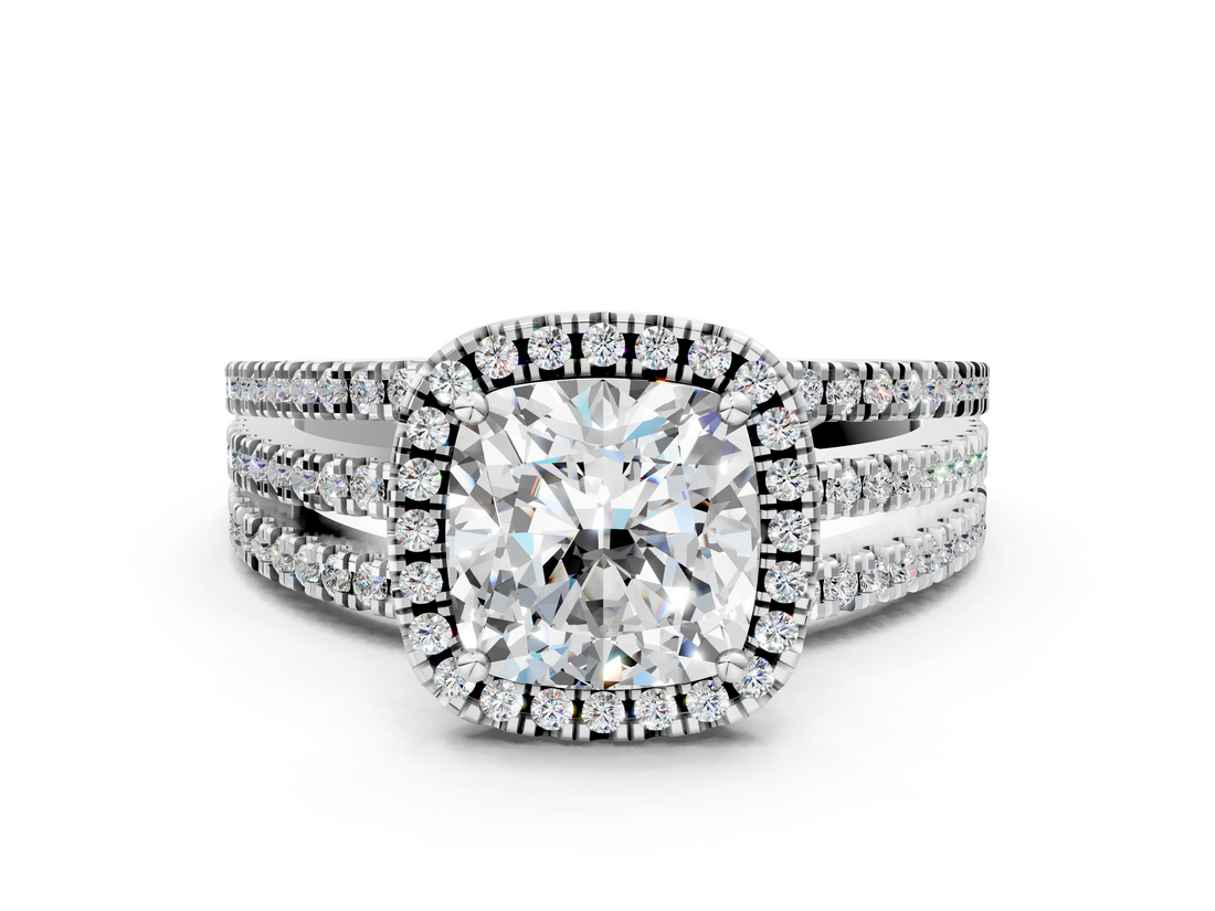 White gold Cushion Cut Halo Diamond Engagement Ring with Split Shank and Four-Prong Setting_25