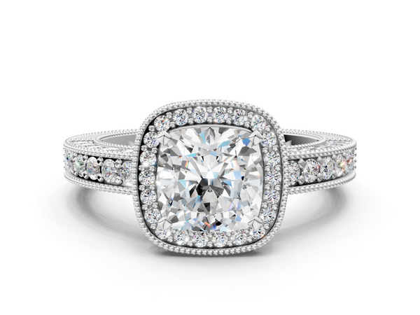 White gold Cushion Cut Halo Diamond Pave Band Ring with Four-Prong Setting