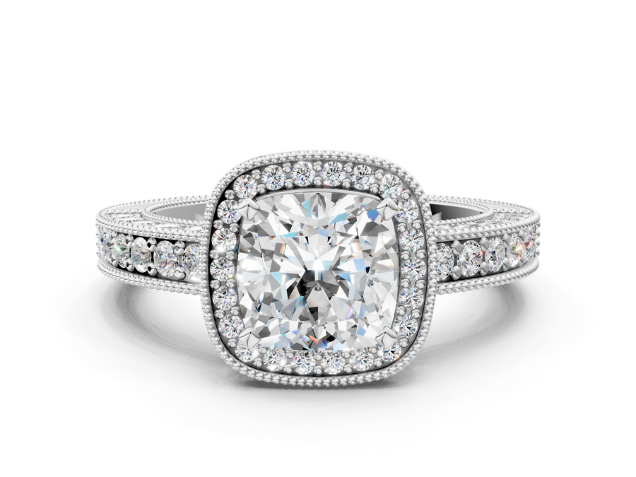 White gold Cushion Cut Halo Diamond Pave Band Ring with Four-Prong Setting