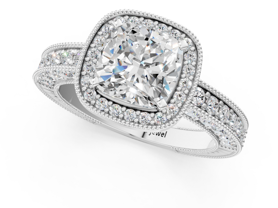 White gold Cushion Cut Halo Diamond Pave Band Ring with Four-Prong Setting